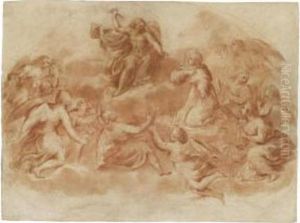 Christ In Glory With Angels And A Saint Kneeling In Adoration by Francesco Allegrini