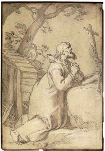 Saint Paul of Phermae kneeling in prayer before a crucifix by Abraham Bloemaert