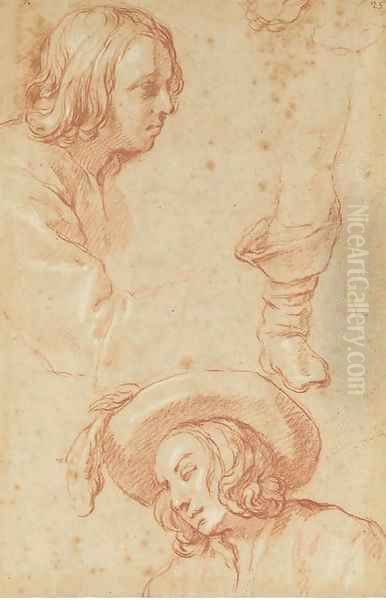 Studies of a boy, half-length, in profile to the right, and the same in a plumed hat looking down to the left, and a study of a right leg - view 1