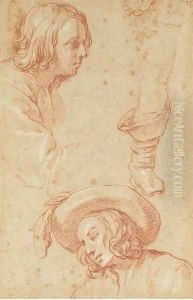 Studies of a boy, half-length, in profile to the right, and the same in a plumed hat looking down to the left, and a study of a right leg
