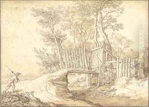A peasant approaching a bridge over a stream, a wood beyond by Abraham Bloemaert