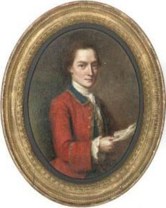 Portrait Of An Officer, Half-length, In A Red Coat With Blue Collar, Holding A Letter by Francis Alleyne