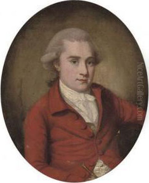 Portrait Of A Gentleman,
Half-length, In A Red Coat And White Ruff, Holding A Riding Crop In His
Right Hand, Painted Oval - view 1