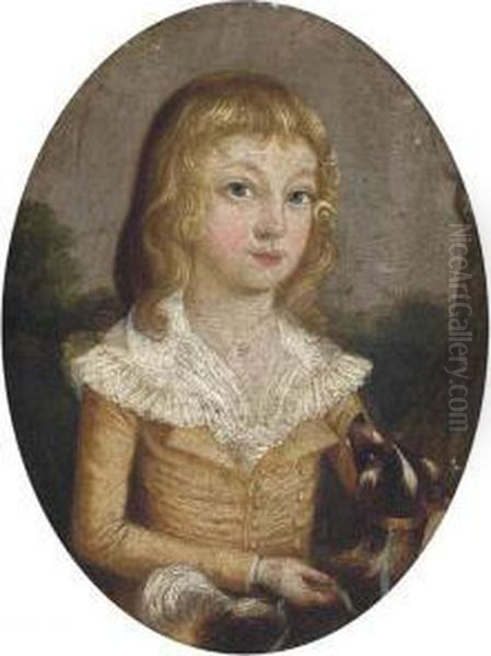 Portrait Of A Girl And Her Dog, Small Half-length, Wearing A Brownshirt, In A Landscape - view 1