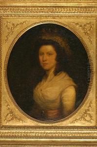 A Portrait Of A Lady, A Member 
Of The Walpole Family, With Lace Day Cap On Her Auburn Hair And Wearing A
 White Gown With Pink Sash