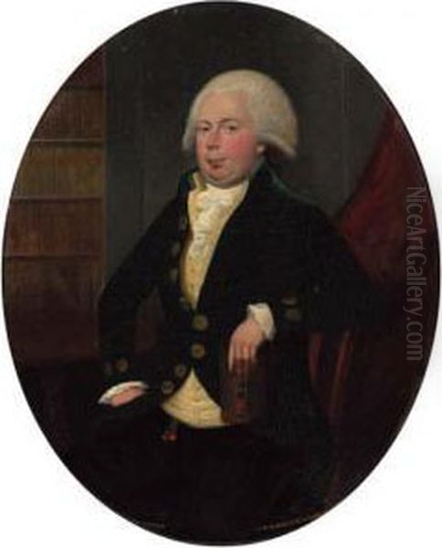 Portrait Of A Gentleman, Small 
Three-quarter-length, In A Greencoat And Yellow Waistcoat, Holding A 
Book, Seated In An Interior;and Portrait Of A Lady, Small Full-length, 
In A White Dress,holding A Book, Seated By A Table, A Landscape Though 
The W - view 1