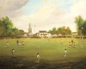 A cricket match on the village green by Samuel Bough