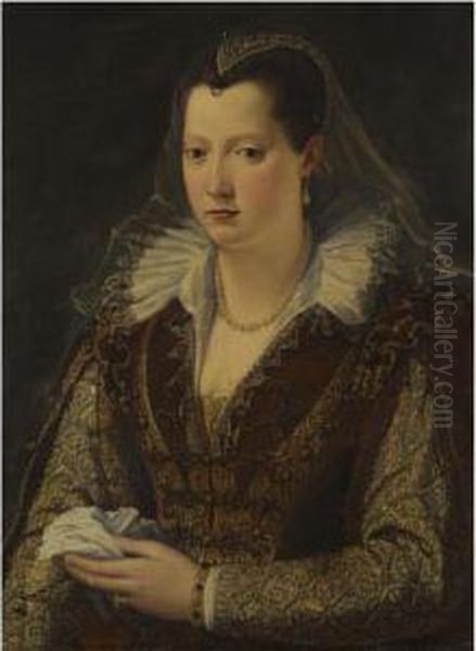 Portrait Of A Lady, Half-length,
Wearing A Richly Embroidered Reddress And A Pearl Headdress, Possibly
Eleonora De Medici(1553-1576) - view 1
