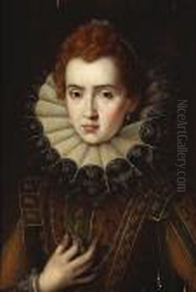 A Portrait Of A Noblewoman, With
An Elaboratelace Collar And Gold Dress Trimmed With Pearls - view 1