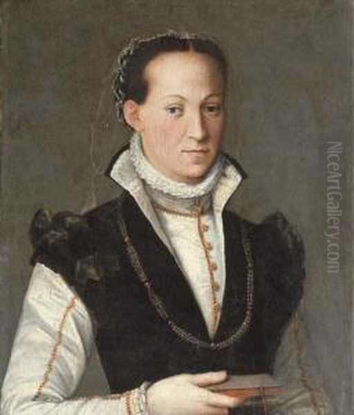 Portrait Of A Lady, Half-length,
In A High-necked Gown With A Ruff And Gold Brocade Trim, A Book In Her
Right Hand - view 1