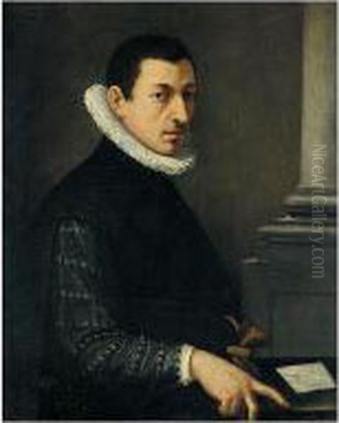 Portrait Of A Gentleman, Half
Length, Wearing A Black Embroidered Jacket And A White Ruff Holding A
Pair Of Gloves - view 1