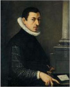 Portrait Of A Gentleman, Half
Length, Wearing A Black Embroidered Jacket And A White Ruff Holding A
Pair Of Gloves by Alessandro Allori