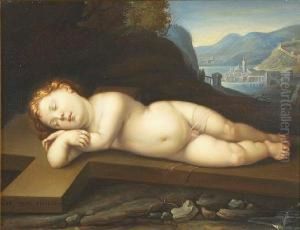 The Infant Christ Asleep On The Cross With Jerusalem Beyond by Cristofano Allori