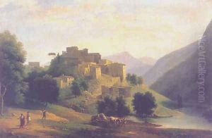 Landscape with a town on the edge of a river and an ox-drawn cart and figures in the foreground 1827 by Jean-Victor Bertin