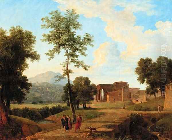A classical landscape with figures on a causeway, a town beyond - view 1