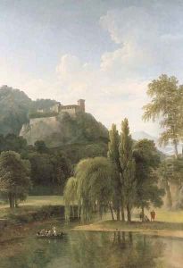 A river landscape with classical figures in a boat, a hilltop castle beyond by Jean-Victor Bertin