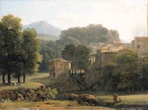 A wooded classical Landscape with Figures by a Brook, a town beyond by Jean-Victor Bertin