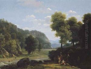 An Italianate landscape with women collecting water, a shepherd and his flock beyond by Jean-Victor Bertin