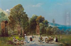 Andirivieni Al Mercato Sullo Sfondo Di Un Paesaggio Con Parco by Robert Alott