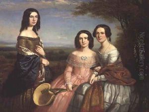 Group portrait of three girls in a landscape by William Bliss Baker