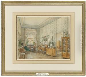 Interior Of A Sitting Room With Green And White Wallpaper by Franz Alt