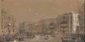 Regatta Auf Dem Canal Grande Mit Gondeln, Daruber Fahren Fesselballone.