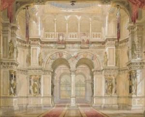 The Hall Of A Palace With Sculptures And Armour
