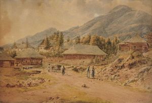 Bauern Auf Der Strase Vor Einem Gebirgsdorf by Jacob Alt