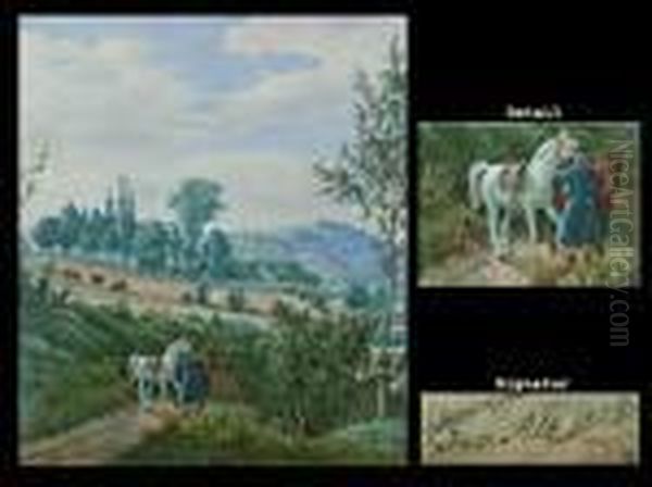 Hugelige Landschaft Mit Reiter Und Zwei Pferden - view 1