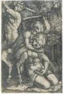 Two Satyrs Fighting Over A Nymph. by Albrecht Altdorfer