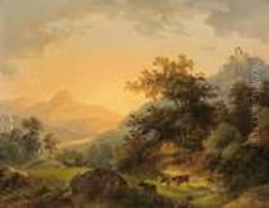 Landschaft Mit Weidevieh Bei Untergehender Sonne by Joseph Altenkopf