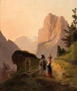 Begegnung Am Brunnen Auf Der Hochalm by Anton Ii Altmann