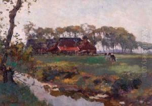 Weidlandschap Met Koe Bij Een Boerderij by Gerard Altmann