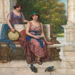 Two Young Ladies Sitting On A Marble Bench by Aby Altson
