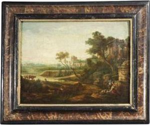 18th Ct. A Classical Landscape With Ruins And Resting Shepherds by German Alvarez Algeciras