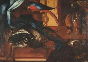 18th Ct. Poultry In A Pantry, Closely Watched By A Cat, A Parrot And A Dog by German Alvarez Algeciras