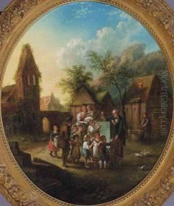 Village Scene Of A Busker Entertaining Children With Dancing Dogs Village Scene Of A Busker Entertaining Children With Dancing Dogs