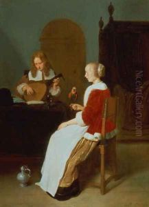 An interior with a lute player and a woman holding a parrot by Quiringh Gerritsz. van Brekelenkam