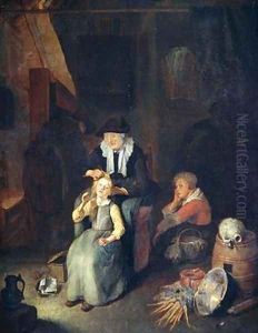 Cottage Interior with woman combing a girls hair 1657 by Quiringh Gerritsz. van Brekelenkam