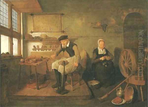 The interior of a cobbler's workshop, with a cobbler at work and a woman peeling onions - view 1