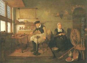 The interior of a cobbler's workshop, with a cobbler at work and a woman peeling onions by Quiringh Gerritsz. van Brekelenkam
