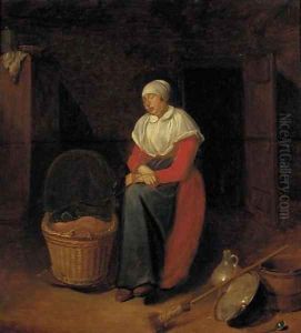 An interior with a woman by a cradle