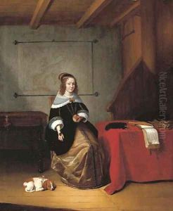 An interior with a woman seated holding an orange by a draped table, a dog at her side, a map of Europe and a spinet behind by Quiringh Gerritsz. van Brekelenkam