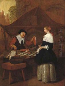 A fishmonger selling her wares to an elegant lady at a stall by Quiringh Gerritsz. van Brekelenkam