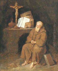 A hermit seated by an altar in a grotto by Quiringh Gerritsz. van Brekelenkam