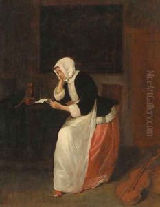 A lady reading a letter in an interior by Quiringh Gerritsz. van Brekelenkam