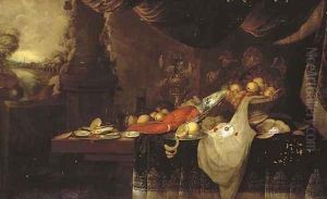 A lobster on a blue and white plate, with a partly-peeled lemon on a pewter plate, oysters, grapes and peaches by Andries Benedetti