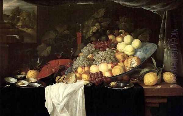 Elaborate Still life of fruit with a lobster and oysters, a landscape beyond - view 1