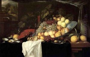 Elaborate Still life of fruit with a lobster and oysters, a landscape beyond by Andries Benedetti
