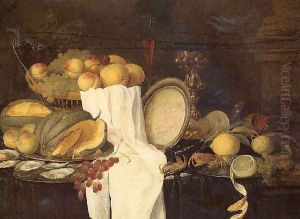 Still life of melons, grapes, oysters, crab and lemons on pewter plates, with a basket of fruit, wineglasses and a gilt cup by Andries Benedetti